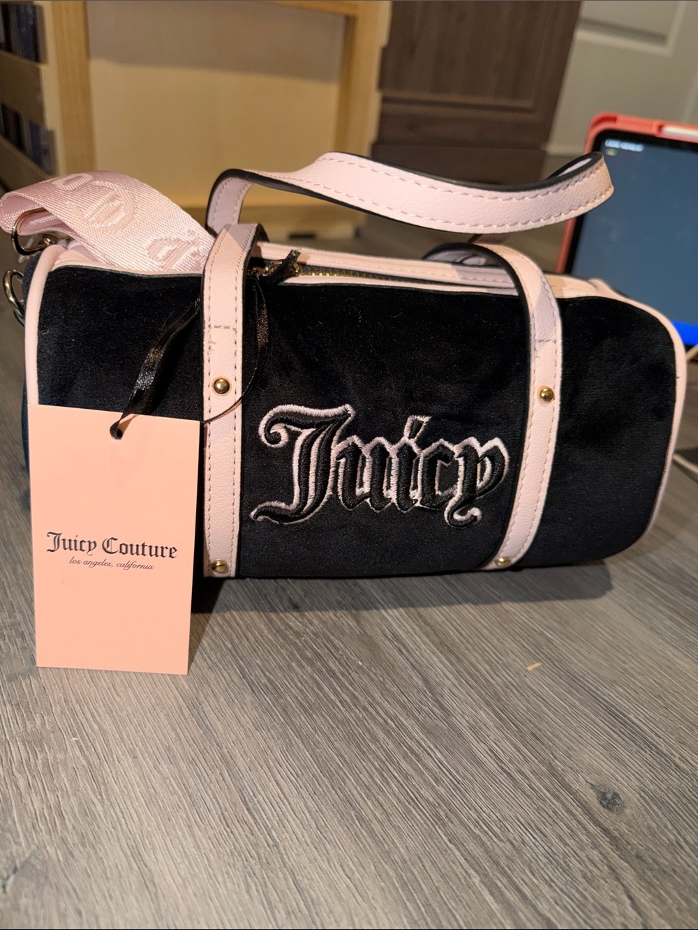 NWT Juicy Couture Black Velvet Mini Barrel Bag with Light Pink Trim